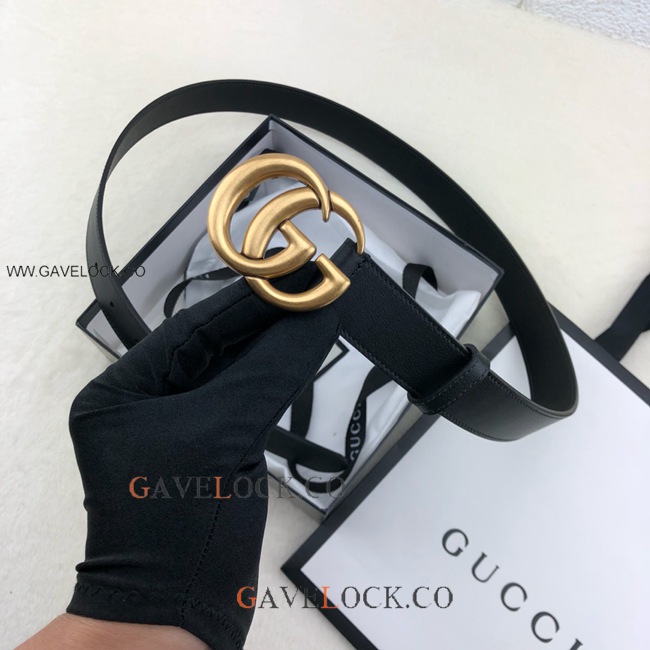Gucci Black Leather Belt Retro Golden GG Buckle Size 30mm